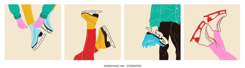 Set of three Colorful ice skates for figure skating in winter. Modern vintage. Vector illustration