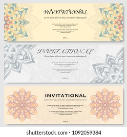 Set of three colorful invitational posters with abstract mandala silhouettes