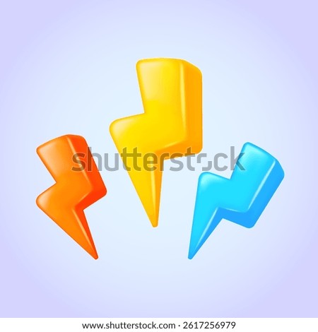 Set of three colorful lightning bolt icons (yellow, red, blue) in pseudo 3D style for flash sale, energy or weather design. 3d vector illustration.