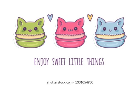 Set of three colorful macaron cats with different smiling faces and "enjoy sweet little things" lettering. Kawaii cartoon print for  bag,t-shirt,card,poster.Macaroon vector illustration isolated