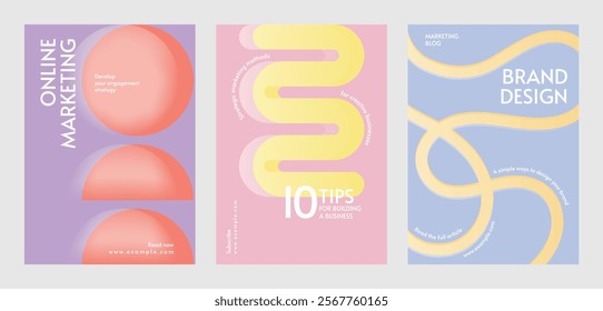 Set of three colorful marketing posters. Online marketing, brand design, and business tips. Vibrant colors, modern design, and creative layouts. Retro pastel branding template vector set.