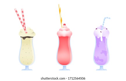 Set of three colorful milkshakes in glasses with tubes made with different ingredients. Vector illustration in flat cartoon style