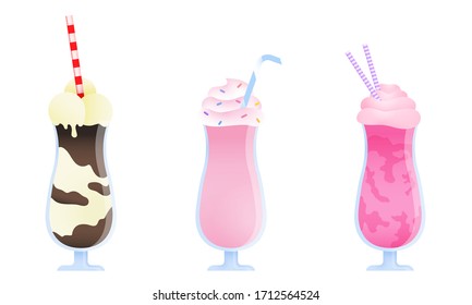 Set of three colorful milkshakes in glasses with tubes made with different ingredients. Vector illustration in flat cartoon style