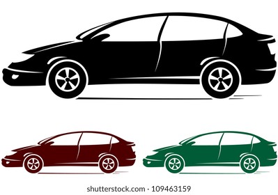 set of three colorful modern cars silhouette