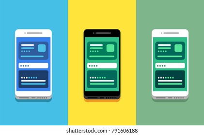 Set of three colorful modern smartphones with interface on screen. On colorful backgrounds