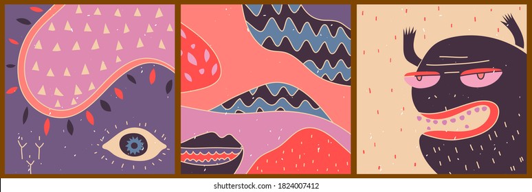 A set of three colorful monster posters. Cartoon scary Halloween illustrations. Abstract square templates for invitation card, social media, cover design. Minimalistic vector backgrounds.