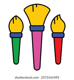 Set Of Three Colorful Painting Brushes Flat Icon Isolated On White Background