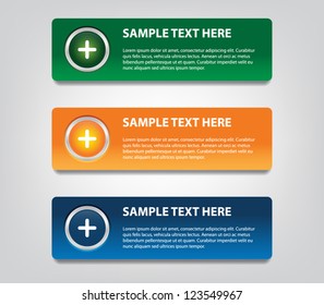 Set of three colorful plastic banners with glossy buttons / icons for infographics, business design, step presentation, number options, reports or workflow layout