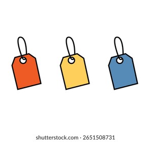 Set of three colorful price tags, orange, yellow, and blue, arranged horizontally with strings looped through top holes; symbolizes shopping, sale, and product labeling.
