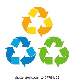 A set of three colorful recycling symbols displayed on a white background