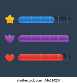 Set of three colorful resource bar in cartoon style isolated on dark background. Vector illustration for game development, gui design.