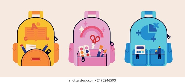 Conjunto de tres coloridas mochilas escolares (amarillo, rosa y azul) con diseños únicos para lenguaje, artes y matemáticas. Moderna, de dibujos animados, vibrante Ilustración vectorial para la vuelta a la escuela.