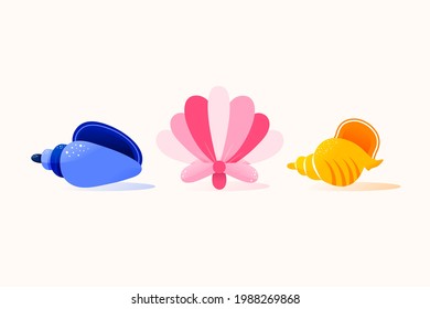 Set of three colorful sea shells. Flat design style vector illustration. 