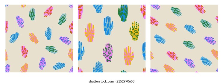 Set of three colorful seamless pattern with little hands silhouette. Abstract animal texture. Doodle vintage retro ornaments. Nails master trendy design. Unique finger print concept. Isolated vector
