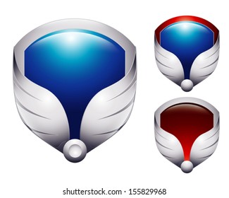set of three colorful shields with light grey wings 