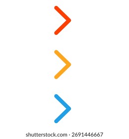 Conjunto de três setas coloridas simples para a direita em vermelho amarelo e azul cores. Imagem de clipart isolada no plano de fundo.
