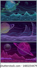 Set of three colorful space landscapes. Vector alien planet scene. Fatasy cosmic background for game design.