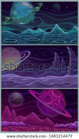 Set of three colorful space landscapes. Vector alien planet scene. Fatasy cosmic background for game design.