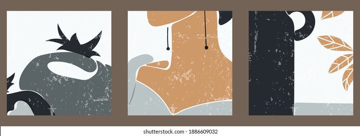Un conjunto de tres coloridos fondos estéticos cuadrados. Afiches minimalistas para redes sociales, diseño web. Ilustraciones abstractas de época con formas geométricas, cara femenina, cerámica, hojas.