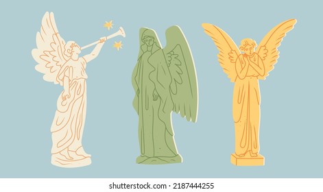 Set of three colorful Statues. Sculptures with wings. Antique statue with horn. Statues of angels. Hand drawn modern Vector illustration. Cartoon style. All elements are isolated