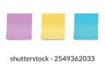 Set of three colorful sticky notes in purple, yellow, and blue. Flat style isolated on white background.