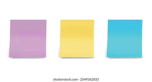 Set of three colorful sticky notes in purple, yellow, and blue. Flat style isolated on white background.