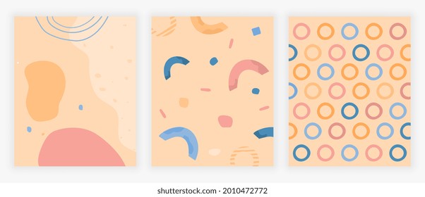 Conjunto de tres coloridos patrones de verano. Resumen de formas geométricas de diferentes colores sobre un delicado fondo rosado. Círculo, Arco, Oval. Colección luminosa para decorar paredes, afiches, postales y banner