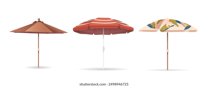 Set Of Three Colorful Sun Umbrellas Isolated On White Background. Realistic 3d Vector Image Perfect For Summer Themes