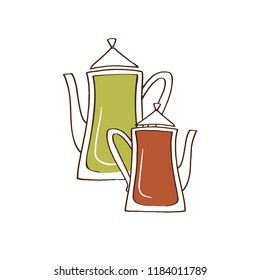 Set of three colorful teapots with tea or other drink inside. Green and black tea. Hand-drawn illustration for restaurant or cafe drink menu. Doodle style icon
