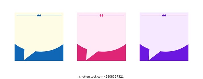 Set of three colorful testimonial frames for social media content. Elegant layout for messages or inspirational quotes. Professional graphic design elements for marketing and digital storytelling.