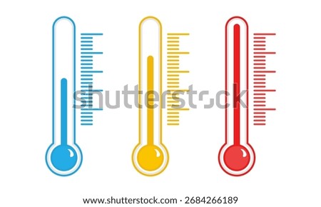 A set of three colorful thermometers in flat design, showing cold, moderate, and high temperature levels for weather or health graphics.