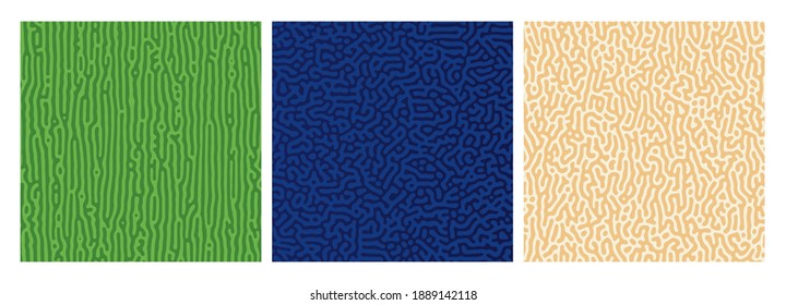 Set von drei bunten Farbverlauf-Hintergründen. Abstraktes Diffusionsmuster mit chaotischen Formen. Vektorgrafik.