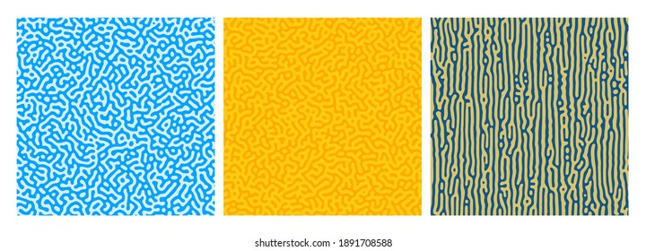 Set of three colorful turing reaction gradient backgrounds. Abstract diffusion pattern with chaotic shapes. Vector illustration.