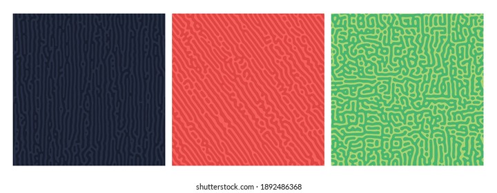 Set of three colorful turing reaction gradient backgrounds. Abstract diffusion pattern with chaotic shapes. Vector illustration.