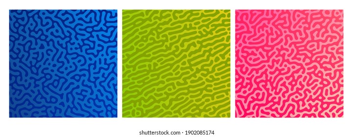Set of three colorful turing reaction gradient backgrounds. Abstract diffusion pattern with chaotic shapes. Vector illustration.