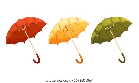 Conjunto de tres paraguas de colores sobre un fondo blanco. Acogedor, otoño, Ilustración vectorial.