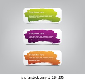 Set of three colorful vector paper banners / labels / tags with brush stroke hand painted / watercolor stains background. Grunge style