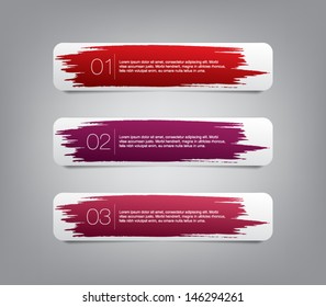 Set of three colorful vector paper banners / labels / tags with brush stroke hand painted / watercolor stains background. Grunge style