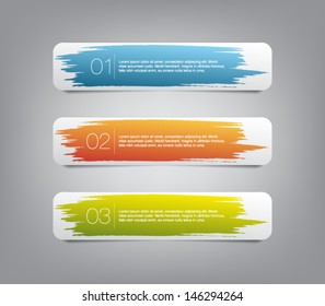 Set of three colorful vector paper banners / labels / tags with brush stroke hand painted / watercolor stains background. Grunge style