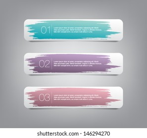 Set of three colorful vector paper banners / labels / tags with brush stroke hand painted / watercolor stains background. Grunge style