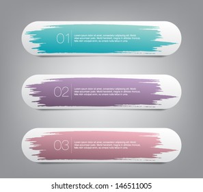 Set of three colorful vector paper banners / labels / tags with brush stroke hand painted / watercolor stains background. Grunge style