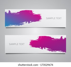 Set of three colorful vector paper banners / labels / tags with brush stroke hand painted / watercolor stains background. Grunge style 