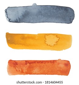 Set of three colorful vector paper banners labels tags with brush stroke hand painted watercolor stains background.