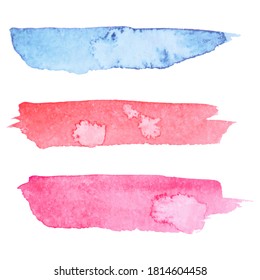 Set of three colorful vector paper banners labels tags with brush stroke hand painted watercolor stains background.