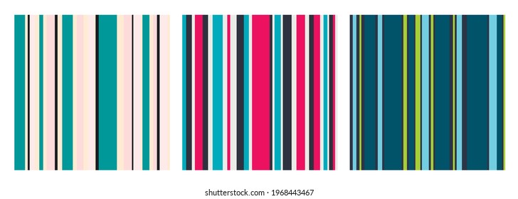 Set of three colorful vector vertical stripes patterns. Simple seamless texture with thin and thick straight lines. Colorful print for textile, fabric, background.