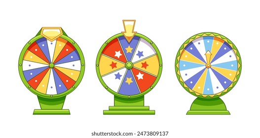 Set Of Three Colorful Wheel Of Fortune Games Featuring Vibrant Patterns, Arrows, And Symbols. Lucky Wheels