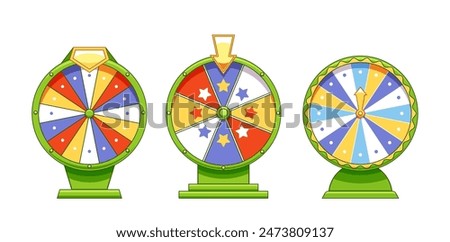 Set Of Three Colorful Wheel Of Fortune Games Featuring Vibrant Patterns, Arrows, And Symbols. Lucky Wheels