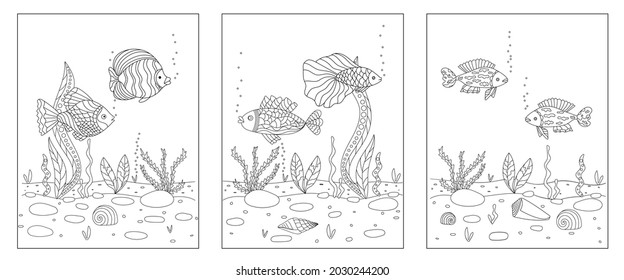 A set of three coloring books for children with fish and the seabed. Black outline of fairytale animals on white, sketch, simple shapes. Vector illustration