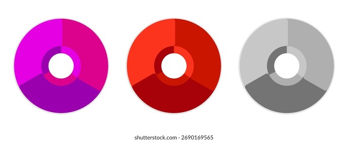 Set of three colors donut chart diagrams, 3 options
