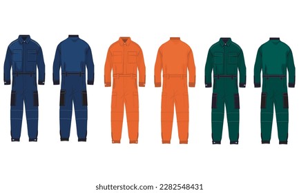 conjunto de tres overalls de colores para los trabajadores, uniforme de trabajo, vista frontal y trasera, ilustración vectorial